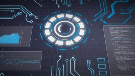 Animation-of-arc-reactor,-graphs,-computer-language-and-circuit-board-pattern-over-black-background