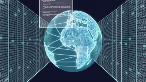 Animation-of-globe,-binary-codes-and-computer-language-and-data-server-racks-over-black-background