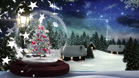 Animation-of-stars,-snowflakes,-christmas-tree-in-sphere-over-snow-covered-houses-and-trees