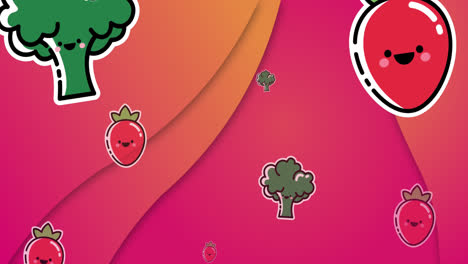 Animation-Von-Fallendem-Brokkoli-Und-Tomaten-über-Abstraktem-Muster-Vor-Rosa-Hintergrund