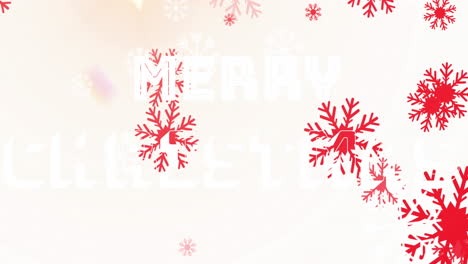 Animation-of-merry-christmas-text-and-red-snowflakes-falling-on-white-background