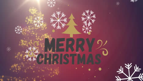 Animation-of-merry-christmas-text-with-tree-over-snowflakes-and-lens-flares-over-gradient-background