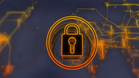 Animation-of-security-padlock-icon-and-yellow-light-trails-against-grey-background
