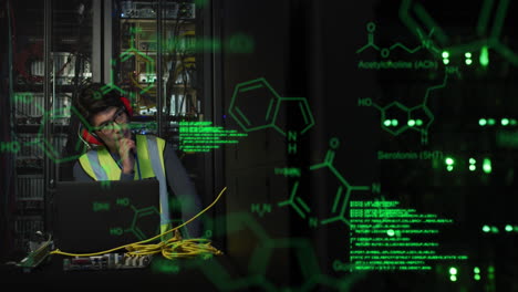 Animation-of-chemical-structures-against-thoughtful-asian-male-engineer-using-laptop-at-server-room
