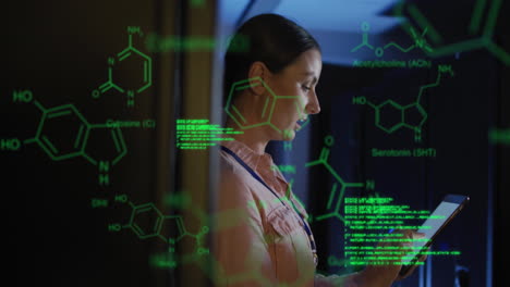 Animation-of-chemical-structures-against-caucasian-female-engineer-using-tablet-at-server-room