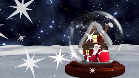 Animation-Von-Sternen,-Haus-In-Glaskugel-Auf-Schneebedecktem-Land,-Schneefall-Vor-Schwarzem-Hintergrund