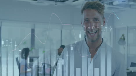 Animation-of-multiple-graphs-with-changing-numbers-over-smiling-caucasian-man-standing-in-office