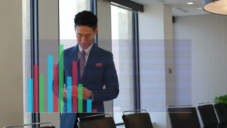 Animation-of-multicolored-bar-graphs-over-asian-man-standing-and-scrolling-on-cellphone-in-office