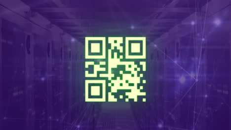Animation-of-neon-qr-code-scanner-and-glowing-network-of-connections-against-computer-server-room