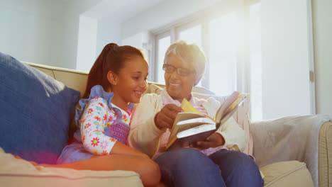 Großmutter-Und-Tochter-Lesen-Buch-Im-Wohnzimmer-4k