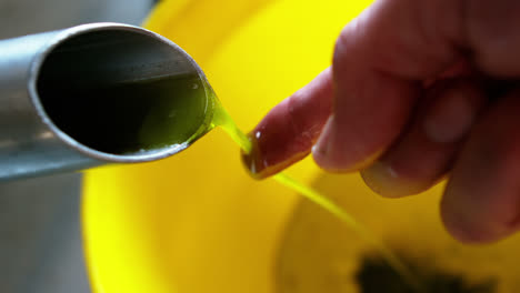 Technician-examining-olive-oil-produced-from-machine