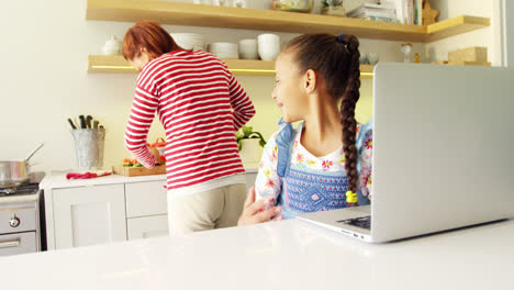 Mother-and-daughter-using-laptop-in-kitchen-worktop-4k