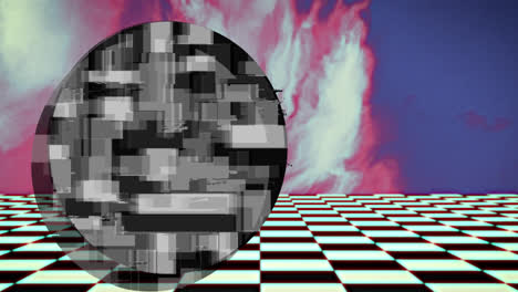 Circle-of-grey-pixelated-blocks-over-colourful-blur-with-moving-checkerboard-squares-below