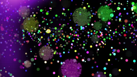 Animation-of-covid-19-cells-floating-with-multiple-colourful-spots-of-light-on-black-background