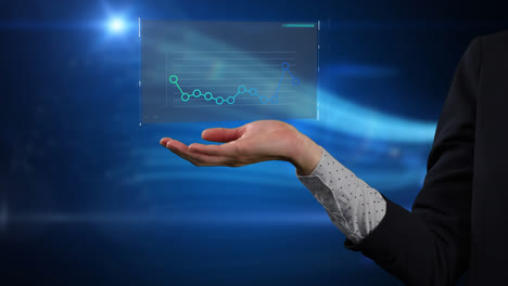 Caucasian-woman-hand-displaying-a-screen-with-statistics-in-a-blue-et-black-background