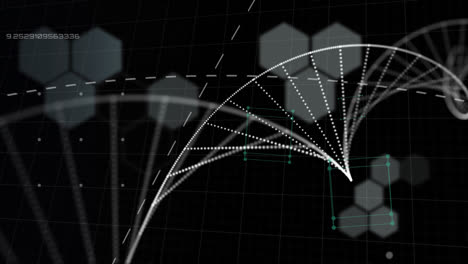 Digitale-Animation-Einer-DNA-Struktur,-Die-Sich-Vor-Mehreren-Geometrischen-Formen-Auf-Schwarzem-Hintergrund-Dreht