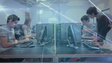 Animation-of-students-sitting-by-desks-over-a-web-of-connections,-data-processing-in-the-background.