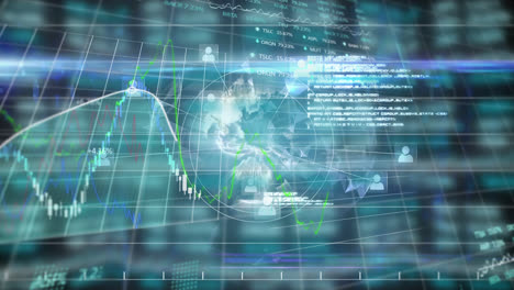Animation-of-stock-market-display-with-globe-spinning-in-the-background.-