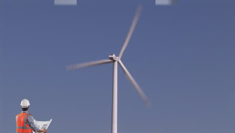 Animation-of-wind-turbine-turning-and-an-engineer-reading-plans-and-white-arrows-pointing-up