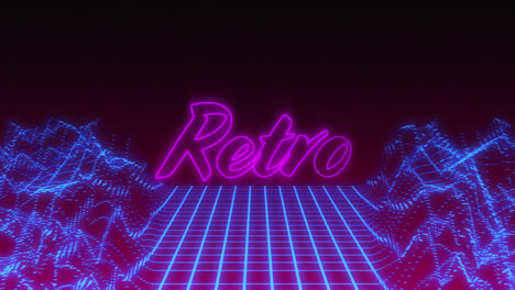 Retro-written-in-pink-neon-on-black-background-with-distorting-blue-grid