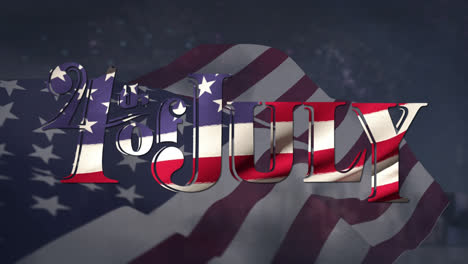 4.-Juli-Text-Mit-Amerikanischer-Flagge-Und-Blick-Auf-Die-Stadt-Mit-Feuerwerk