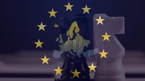 Sterne-Drehen-Sich-über-Der-EU-Karte-Vor-Zwei-Schachfiguren-Im-Hintergrund