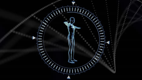 Digital-animation-of-human-model-spinning-against-dna-structure-on-black-background