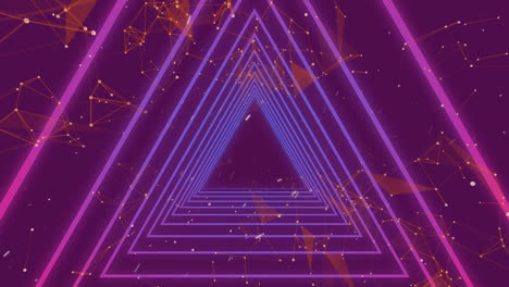Animation-of-multiple-glowing-purple-triangle-outlines-moving-on-repeat-on-purple-background