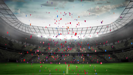 Animation-of-multi-coloured-confetti-falling-over-empty-sports-stadium