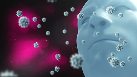 Animation-of-covid-19-cells-floating-over-human-head-and-multiple-spots-of-light-in-background