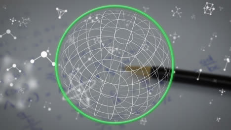 Animation-of-sphere-spinning-with-green-shroud-with-chemical-shapes-on-grey-background