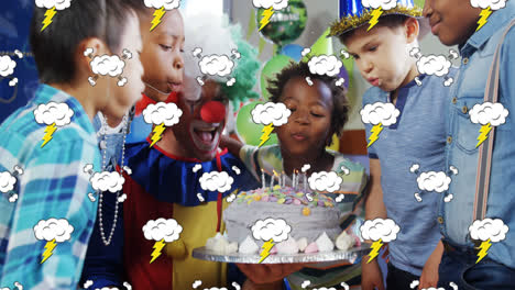 Speech-bubble-and-thunder-icons-against-kids-blowing-candles-in-a-birthday-party