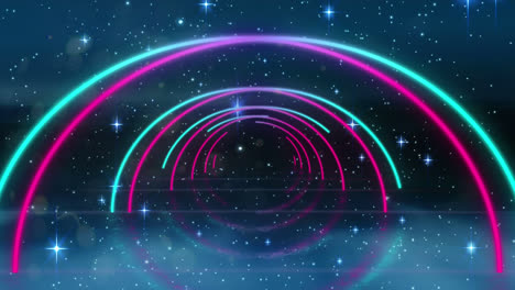 Animation-of-tunnel-of-multi-coloured-glowing-geometric-outlines-with-night-sky-and-glowing-stars-in