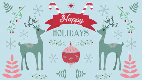 Animation-of-Happy-Holidays-words-with-moving-deers-on-Christmas-decorations-background