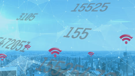 Animation-of-numbers-and-net-icons-floating-over-a-cityscape