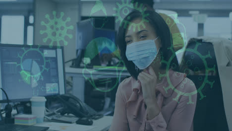 Animation-of-pandemic-icons-with-woman-in-office-wearing-face-masks