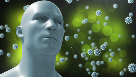 Animation-Mehrerer-Covid-19-Zellen,-Die-Um-Den-Menschlichen-Kopf-Auf-Grünem-Hintergrund-Schweben