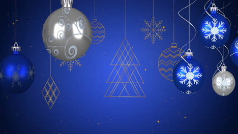 Animation-of-christmas-blue-and-silver-baubles-and-decorations-hanging-with-snow-falling