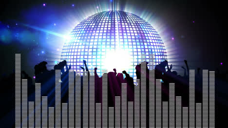 Digital-composite-of-a-disco-ball,-dancing-people,-and-random-digital-bars