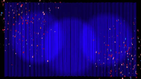 Animation-Von-Buntem-Konfetti,-Das-über-Blaue-Vorhänge-Fällt
