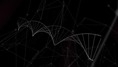 Digital-animation-of-dna-structure-spinning-against-network-of-connections-on-black-background