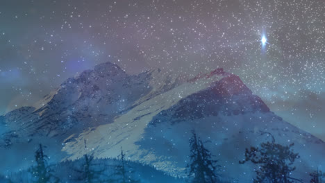 Digital-animation-of-shooting-star-against-landscape-with-mountains-and-trees-in-night-sky