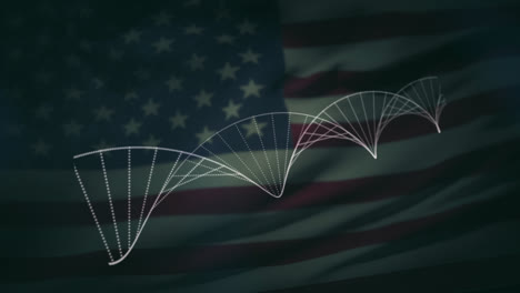 Digitale-Animation-Einer-DNA-Struktur,-Die-Sich-Vor-Der-Wehenden-Amerikanischen-Flagge-Dreht