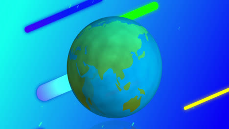 Globus-Dreht-Sich-Um-Bunte-Formen,-Die-Sich-Diagonal-über-Einen-Himmelblauen-Hintergrund-Bewegen