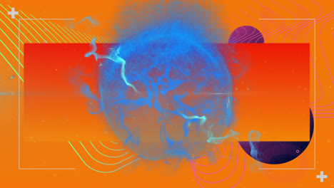 Animation-Von-Orangefarbenen-Dreiecken-In-Einem-Tunnel-Und-Einer-Kugel-Aus-Blauem-Rauch-Auf-Violettem-Kugelhintergrund