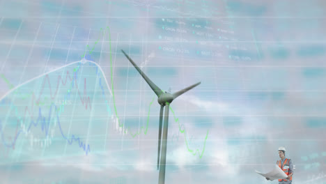 Animation-of-wind-turbine-turning,-male-engineer-reading-plans-and-stock-exchange-graph-