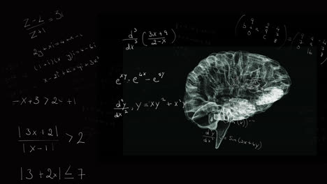 Animation-of-math-equation-and-3D-brain-on-black-background