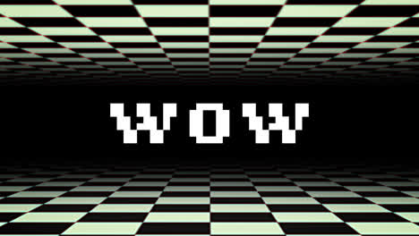 Wow-written-in-white-pixels-with-checkerboard-squares-moving-above-and-below-on-black-background