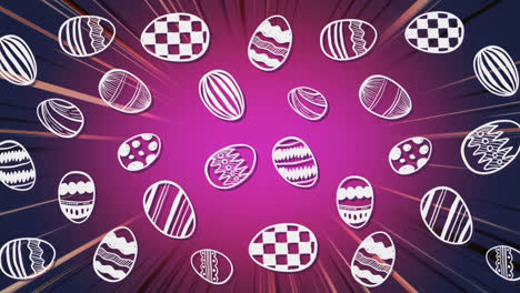 Animation-of-decorated-Easter-egg-shapes-in-white-moving-over-flashing-lines-of-light