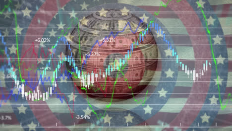 Globe-made-of-American-dollars-and-stars-on-spinning-circles-against-waving-US-flag